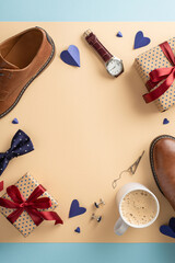 This vertical top view layout of leather shoes, hearts, wristwatch, cufflinks, bow-tie, coffee cup and gift boxes on beige backdrop with empty space for text is perfect for Father's Day theme