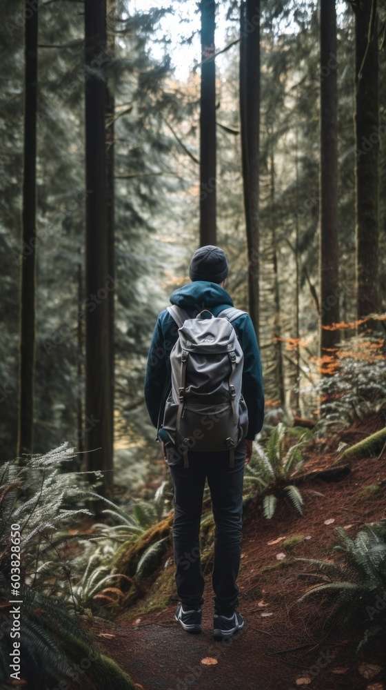 Poster a person with a backpack walking through a forest. generative ai image.