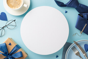 Plan a gorgeous table setting for Father's Day with a top view flat lay of plates, cutlery, coffee,...