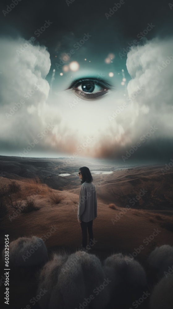 Poster a person standing in a field looking at an eye. generative ai image.