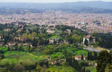 View of the city of Florence, Italy, seen from the hills in Fiesole in the spring