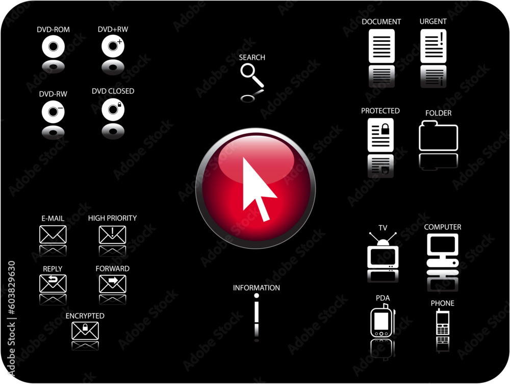Poster glossy 3d icon and various other icons with reflection. theme: email, dvd, electronics and documents