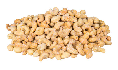Pile of salted roasted cashew nuts isolated on a white background. Anacardium occidentale. Closeup of yummy salty cashews. Edible seeds of kidney shape content many minerals, vitamins and healthy fat.