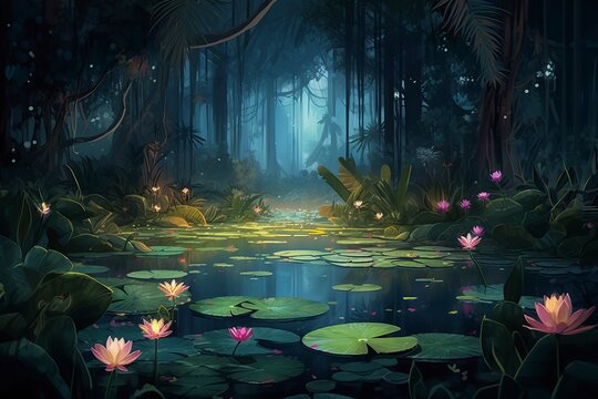 illustration, tropical forest with radiant fireflies, ai generative