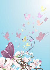 Butterflies taking flight from beautiful flowers on a tree. No meshes used.