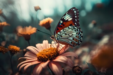 Fototapeta na wymiar Colorful butterfly and flower concept with open space for copy. Representing saving and investment. , .highly detailed, cinematic shot photo taken by sony incredibly detailed, sharpen details