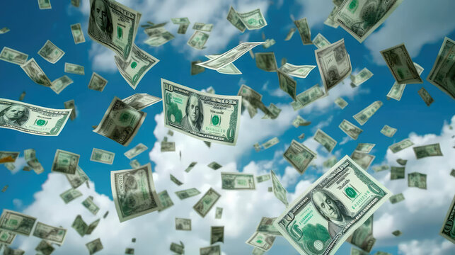 Flying dollars banknotes isolated on a blue background. Money is flying in the air. Money Rain. Generative AI