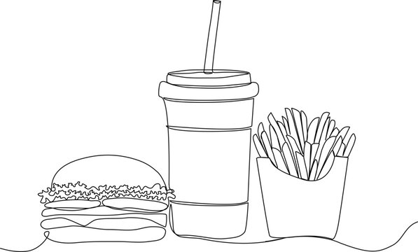 recommend clip art: Burger, drink, with fried potato chopsticks takeout food in continuous line art drawing style. Vector illustration.
