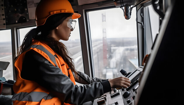 View from the cab of a construction tower crane, a female crane operator at a construction site, AI generated Generative AI