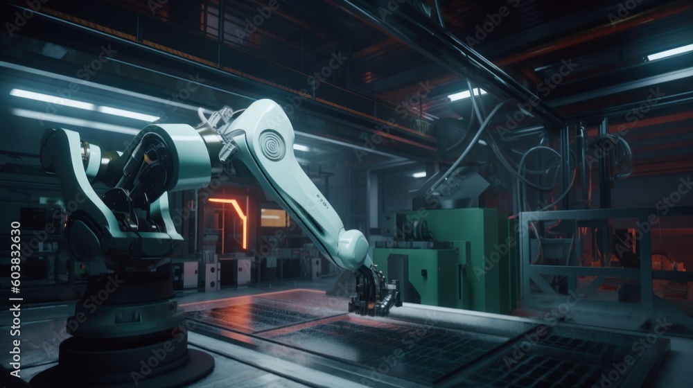Poster a robotic arm in a factory setting. generative ai image.