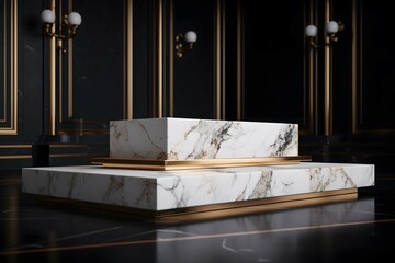 Simple podium with marble and gold accents , .highly detailed,   cinematic shot   photo taken by sony   incredibly detailed, sharpen details   highly realistic   professional photography lighting   li - obrazy, fototapety, plakaty