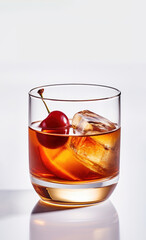 Short glass of tasty Old Fashioned Cocktail with cherry on the top over clear background created with Generative AI technology