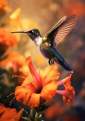 Fototapeta premium A hummingbird hovering near a vibrant flower bright