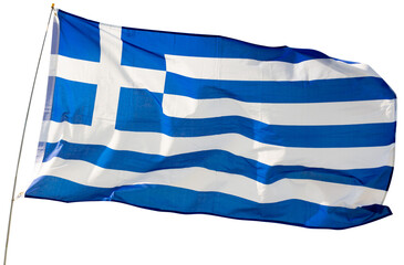 Greek flag flies proudly in wind. Isolated over white background