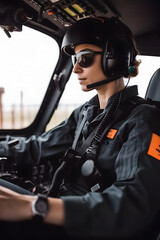 Fototapeta na wymiar Woman pilot in the cockpit of a helicopter, Unusual profession, generated AI Generative AI