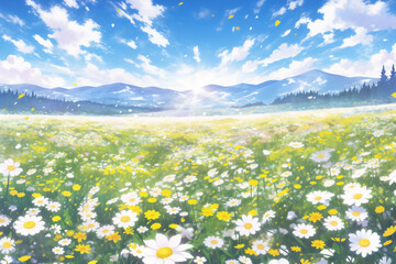 Natural colorful panoramic landscape with many wild flowers of daisies against blue sky with clouds. AI generative