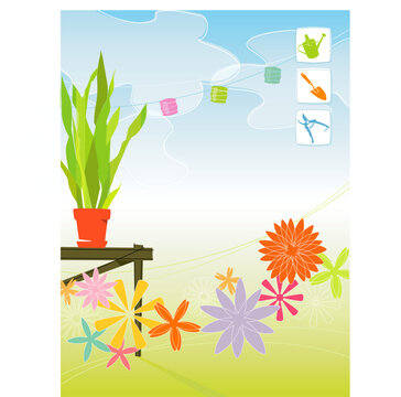 Modern, colorful stylized outdoor garden with paper lanterns, potting bench and flowers. Includes gardening icons. Items are grouped so you can use them independently from the background.