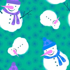 Winter seamless snowman and snowflakes pattern for Christmas wrapping paper and kids notebooks
