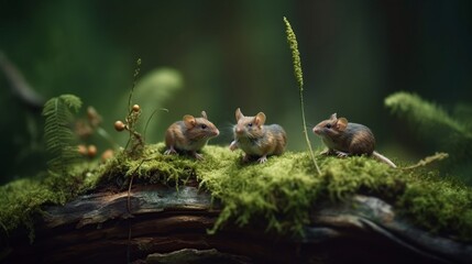 Naklejka na ściany i meble illustration, cute mice sitting on wooden logs covered with moss in the forest, ai generative.