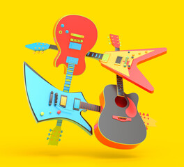 Set of electric acoustic guitars isolated on multicolor background.