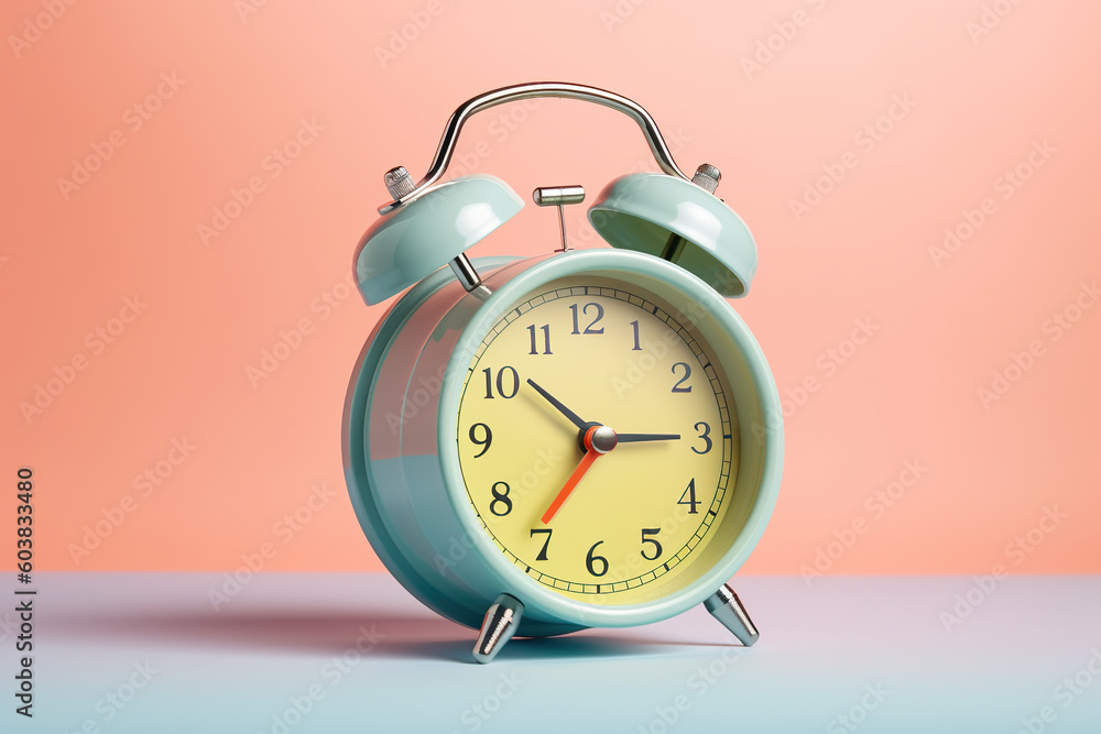 Poster an alarm clock sitting on top of a table. generative ai.