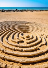 Fototapeta na wymiar A labyrinth made of stones on a sandy beach symbolizin
