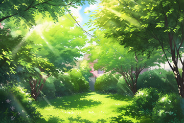 Fototapeta na wymiar Beautiful wide format image of a manicured country lawn surrounded by trees and shrubs on a bright summer day. AI generative