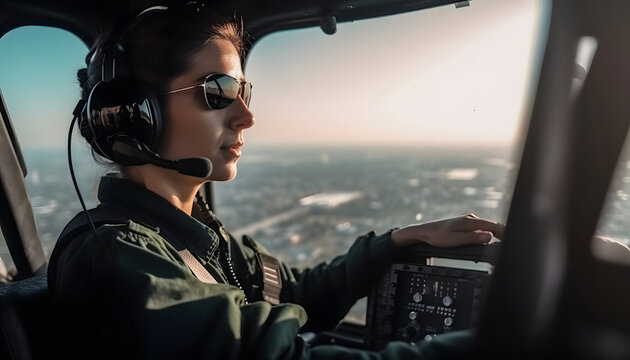 Woman pilot in the cockpit of a helicopter in flight with a view of the city from above, AI generated Generative AI