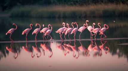 Naklejka na ściany i meble A group of flamingos walking along a body of water. Generative AI image.