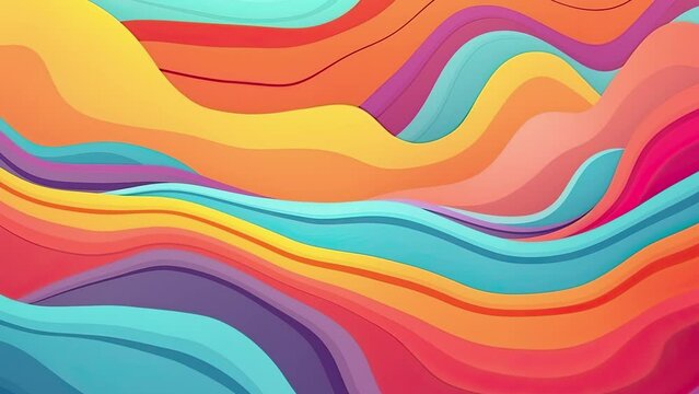 Liquid retro colored wavy motion video background, abstract, multicolor waves, hippie and flat abstract, cartoon looping sky background in seventies style 