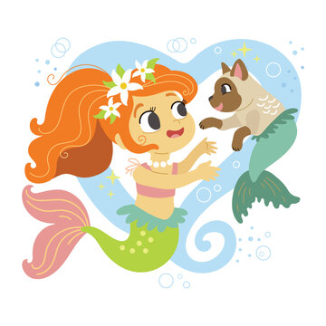 Cute Cartoon Mermaid with a cat vector illustration