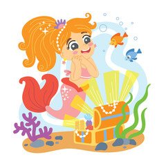 Cute Cartoon Mermaid with a treasure chest vector