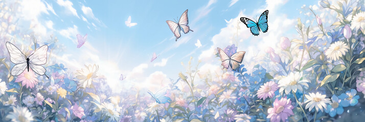 Beautiful wild flowers daisies and butterfly in morning in sunlight in spring. AI generative