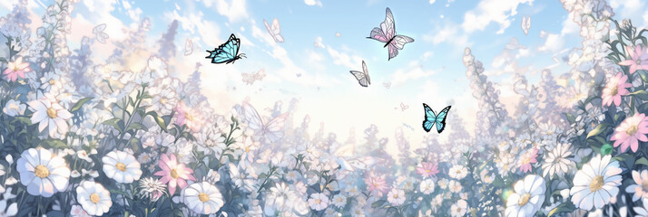 Fototapeta na wymiar Beautiful wild flowers daisies and butterfly in morning in sunlight in spring. AI generative