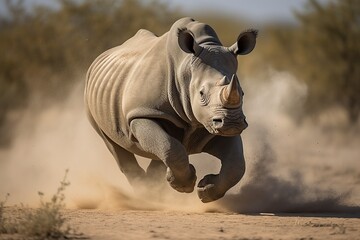 illustration, rhino running in the savannah, ai generative. - obrazy, fototapety, plakaty