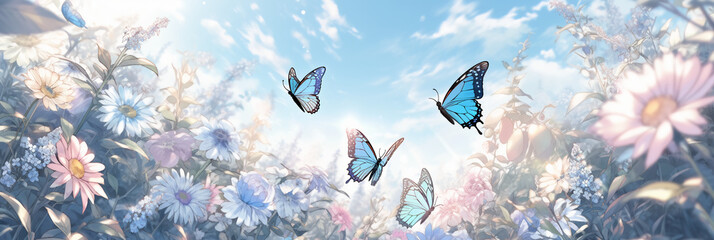 Fototapety  Beautiful wild flowers daisies and butterfly in morning in sunlight in spring. AI generative