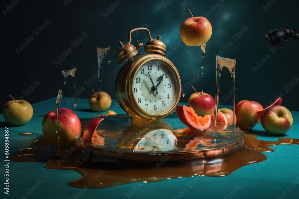 Poster a clock sitting on top of a table surrounded by apples. generative ai image.