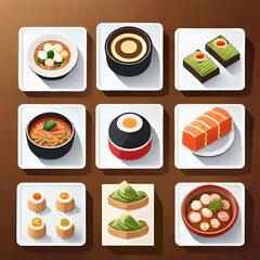 Isometric image set of German cuisine icons. This collection includes illustrations of a traditional German café, sausages, and chicken cooking. ai generate.