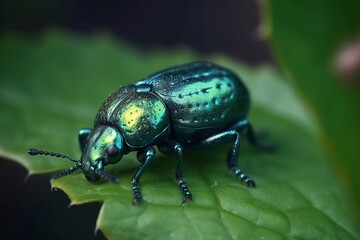Naklejka premium illustration, green beetle on the leaf, ai generative.