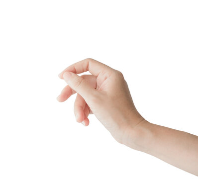 Close-up of a Woman's hand holding something, like a business card, isolated on white background. empty female hand.