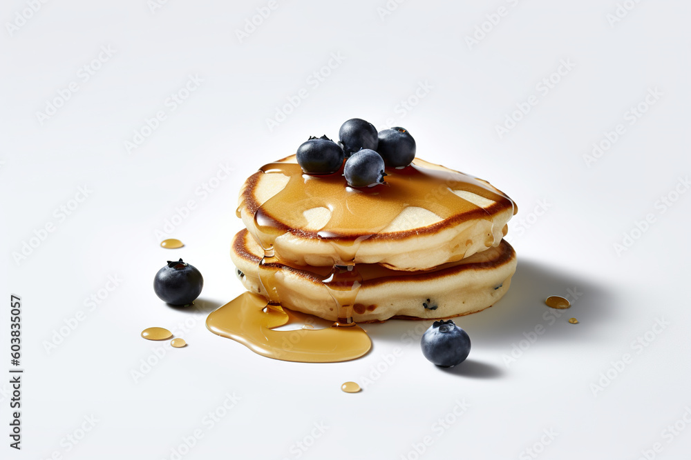 Poster a stack of pancakes with syrup and blueberries. generative ai.