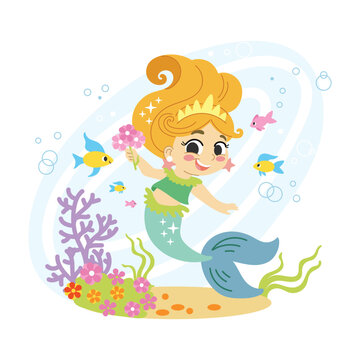 Funny cartoon mermaid and sea fishes vector illustration