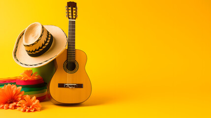Cinco de Mayo holiday background. Cactus, hat and guitar on yellow background.