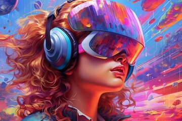 Girl  in VR Glasses colorful Painting Abstract, Psychedelic Artwork, Generative AI