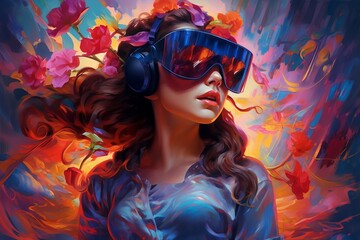 Girl  in VR Glasses colorful Painting Abstract, Psychedelic Artwork, Generative AI