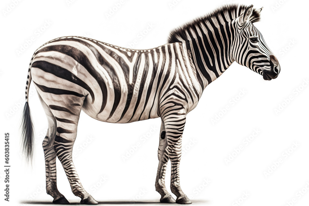 Poster a zebra standing in front of a white background. generative ai.