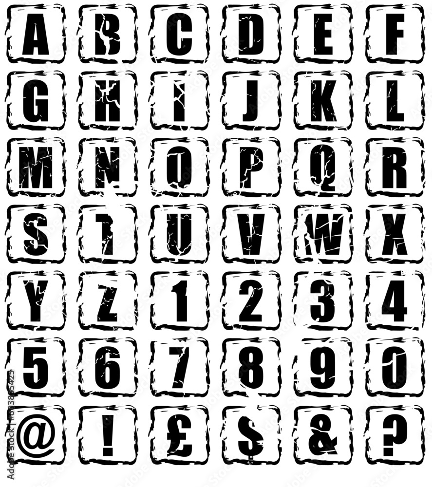 Poster weathered collection of alphabet and numeric buttons that have been adged