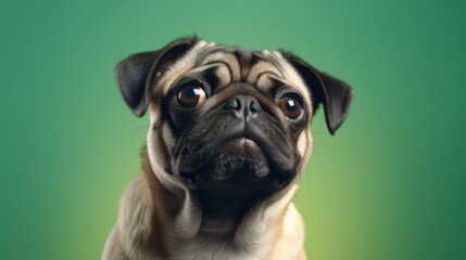 A pug portrait with a green background.
