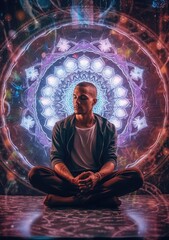 a man is taking a meditative pose on a mandala