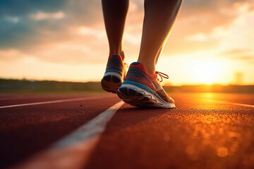 Runners feet in a athletic running track. Young man athlete training at sunset. AI generative